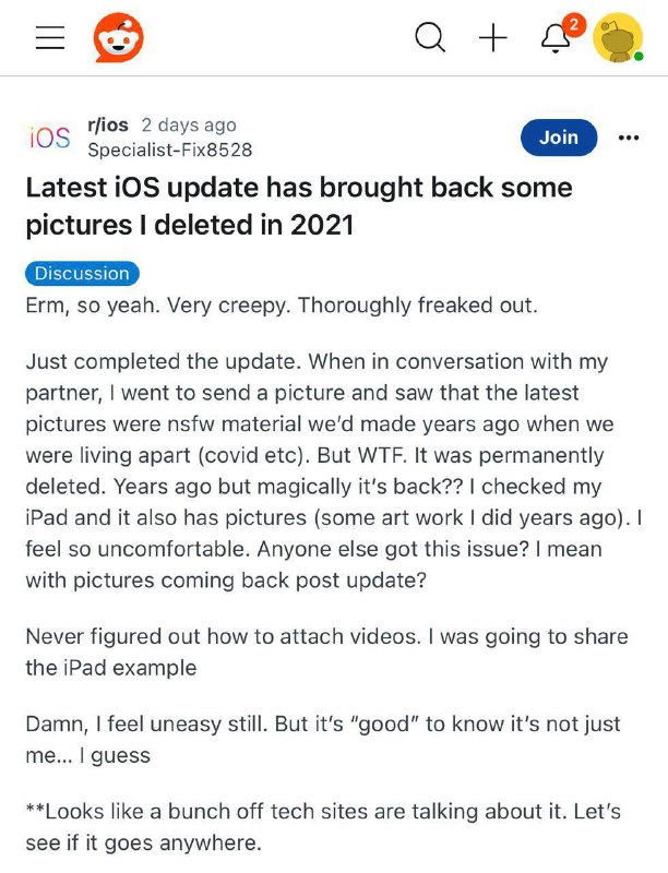 iOS17.5恢复已删除多年照片在Reddit上的帖子中，一些升级到iOS 17.5的用户发现，他们之前删除的照片在更新后重新出现在了照片应用中，并且这些照片被标记为最新图片