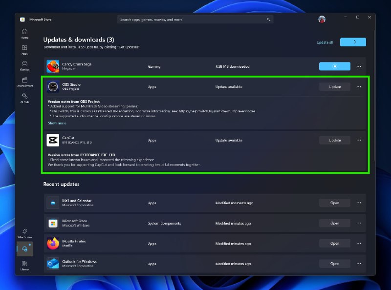 #应用管理类似 winget，微软商店将支持更新由外部安装的 Win32 软件，即不是通过商店安装的也可以更新